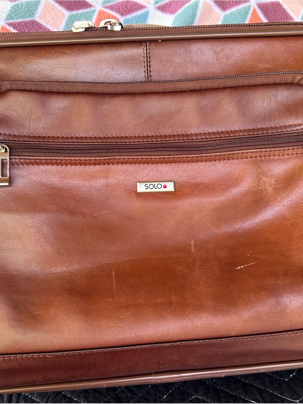 solo Tan Leather Briefcase with Front Zip Pocket